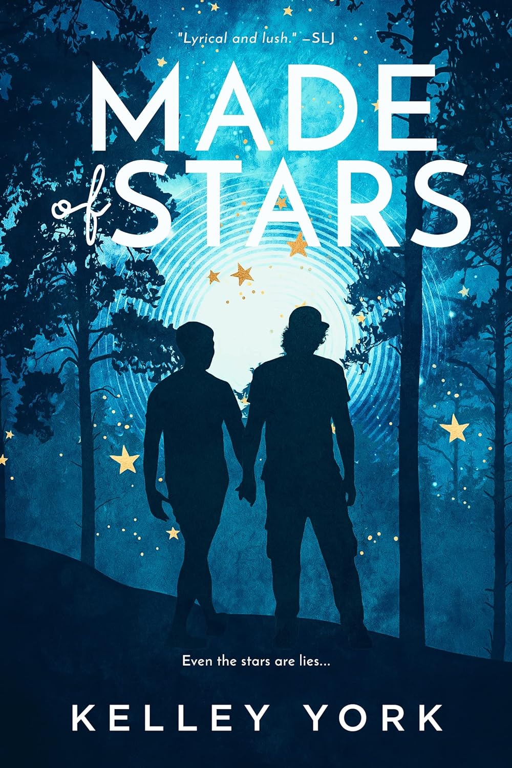 Book cover for Made of Stars by Kelley York, featuring a pretty blue forest and the silhouette of two teenage boys holding hands